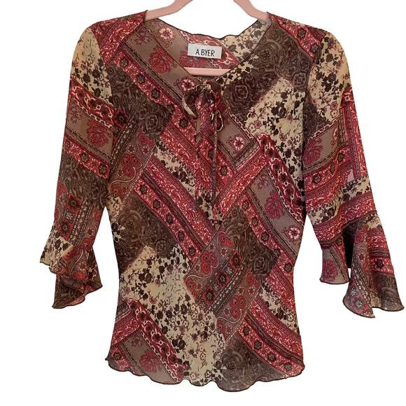 Vintage A Byer Y2K Patchwork Top Small Paisley Pink Brown Sheer Fairy Dainty Bow - Picture 1 of 7